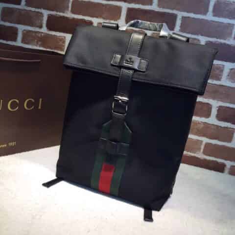 GUCCI古驰男士帆布红绿条纹双肩背包337075