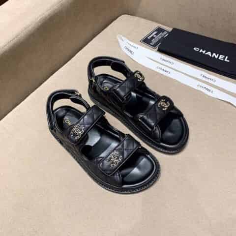 chanel香奈儿 顶级Z柜品质进口牛皮荔枝纹/绸缎面小香魔术贴凉鞋