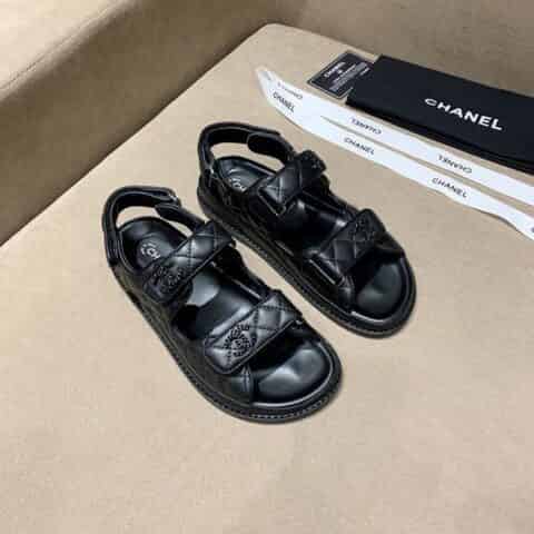 chanel香奈儿 顶级Z柜品质进口牛皮荔枝纹/绸缎面小香魔术贴凉鞋