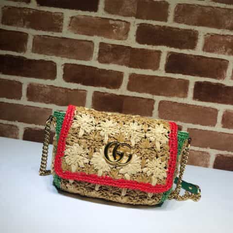 GUCCI古驰拉菲草GG Marmont系列拉菲草小号肩背包574433