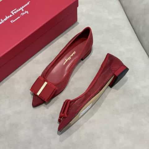 salvatore Ferragamo 菲拉格慕春夏新款波点蕾丝网布面尖头高跟平底芭蕾舞单鞋
