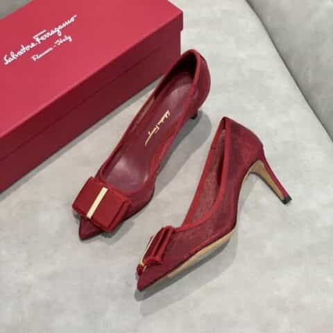 salvatore Ferragamo 菲拉格慕春夏新款波点蕾丝网布面尖头高跟平底芭蕾舞单鞋