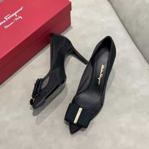 salvatore Ferragamo 菲拉格慕春夏新款波点蕾丝网布面尖头高跟平底芭蕾舞单鞋
