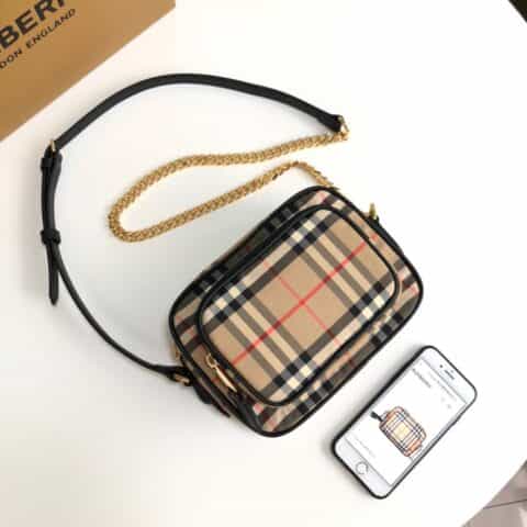 Burberry巴宝莉Vintage 复古格纹棉皮革材质相机包
