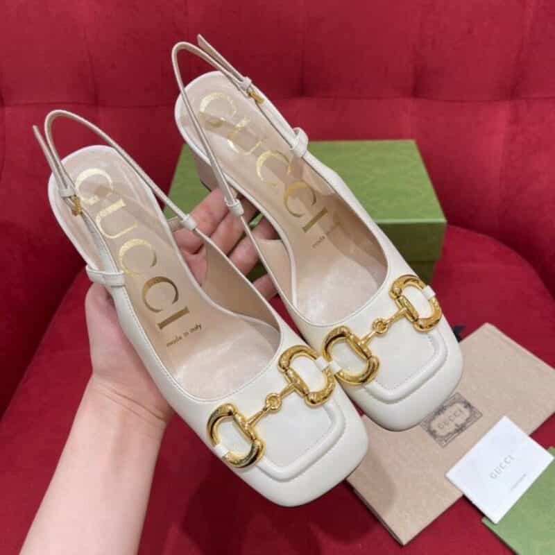 GUCCI古驰 奶白色真皮大底马衔扣方头高跟鞋凉鞋
