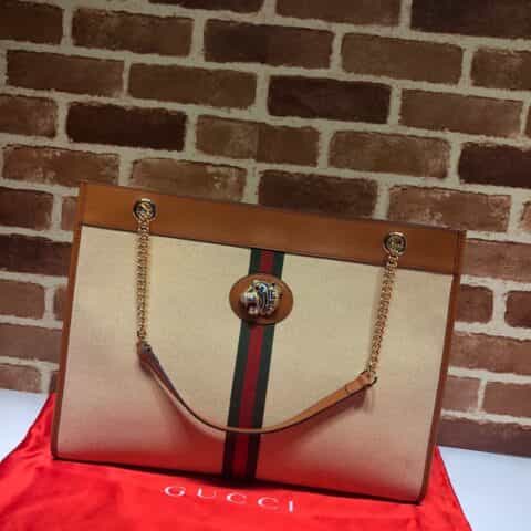 GUCCI古驰杏色帆布配皮革大号托特包537219