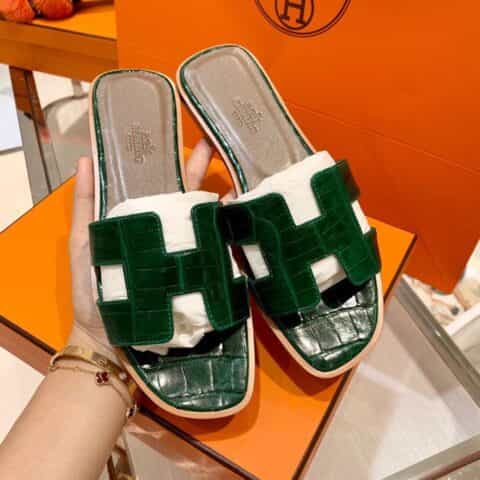 Hermes爱马仕 crocodile师傅级一对一手工制作进口亮面鳄鱼皮H 经典平拖凉鞋