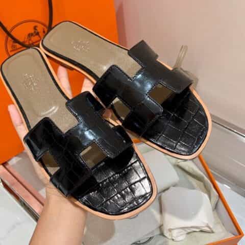 Hermes爱马仕 crocodile师傅级一对一手工制作进口亮面鳄鱼皮H 经典平拖凉鞋
