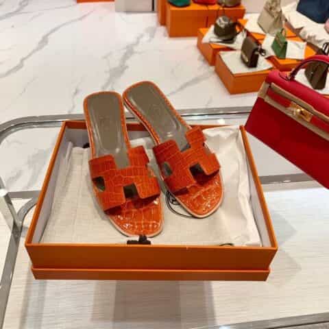 Hermes爱马仕 crocodile师傅级一对一手工制作进口亮面鳄鱼皮H 经典平拖凉鞋
