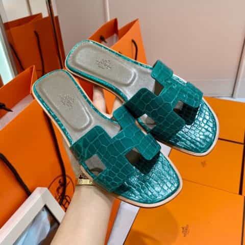 Hermes爱马仕 crocodile师傅级一对一手工制作进口亮面鳄鱼皮H 经典平拖凉鞋