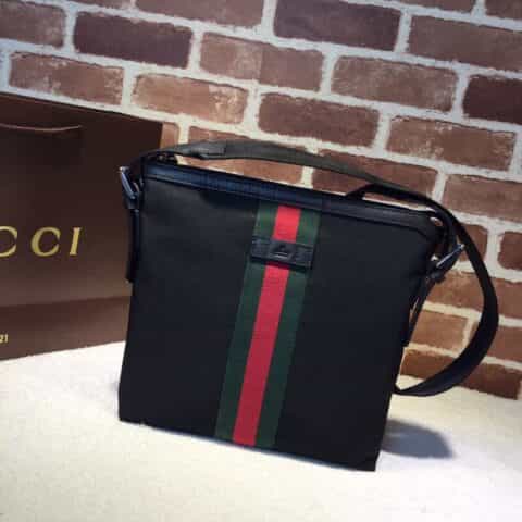 GUCCI古驰黑色帆布红绿条纹单肩包387111