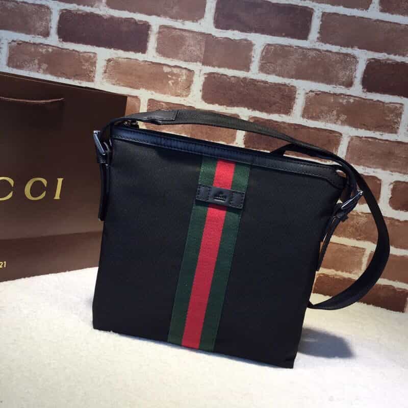 GUCCI古驰黑色帆布红绿条纹单肩包387111