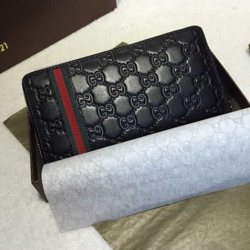 Gucci/古驰 ssima 经典红绿织带 压花牛皮拉链钱包手包 308009