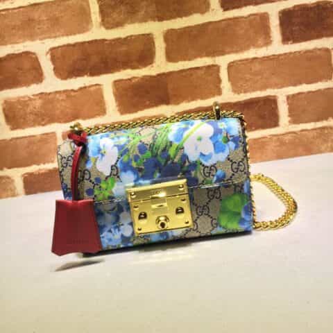 GUCCI古驰蓝花图案链条单肩斜挎包409487