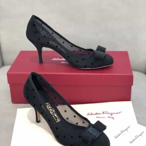 SF salvatore Ferragamo 菲拉格慕春夏新款波点网纱面圆头高跟中跟平底