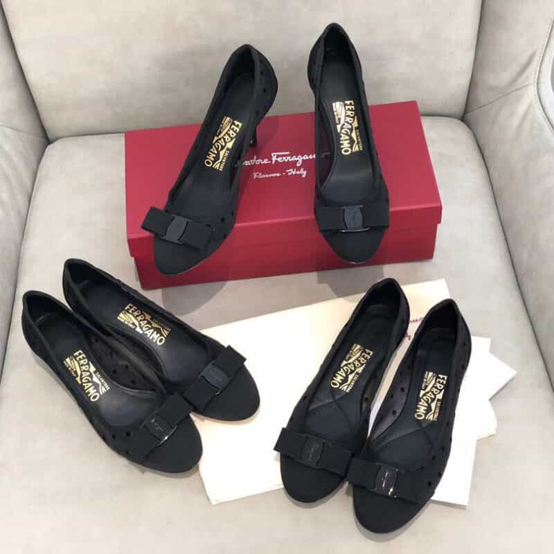 SF salvatore Ferragamo 菲拉格慕春夏新款波点网纱面圆头高跟中跟平底