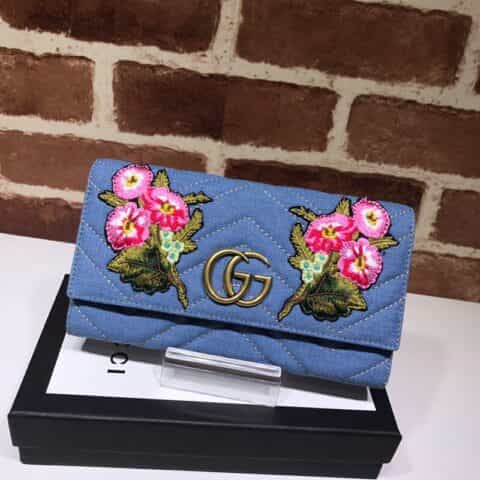 GUCCI古驰蓝色牛仔布GG刺绣钱夹443436