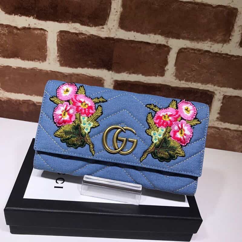 GUCCI古驰蓝色牛仔布GG刺绣钱夹443436