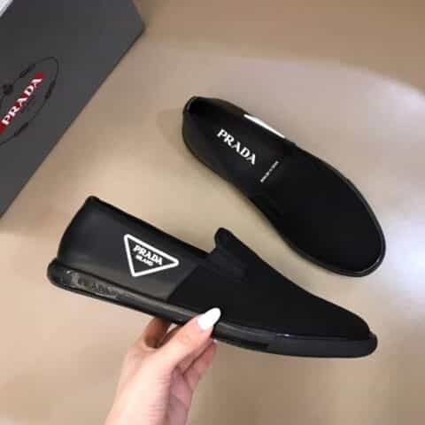 PRADA普拉达 进口原版斜纹帆布拼接头层小牛皮P家新品男士套脚乐福便鞋
