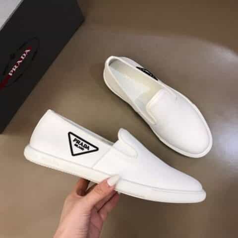 PRADA普拉达 进口原版斜纹帆布拼接头层小牛皮P家新品男士套脚乐福便鞋