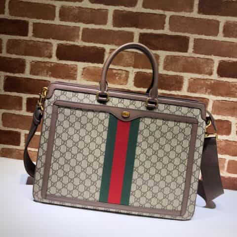 GUCCI古驰双G帆布棕色皮革滚边手提单肩包547970