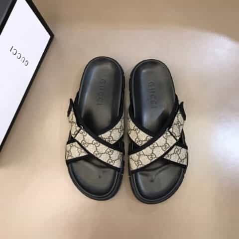 GUCCI古驰 进口头层牛皮拼接品牌织带G家高端男士拖鞋