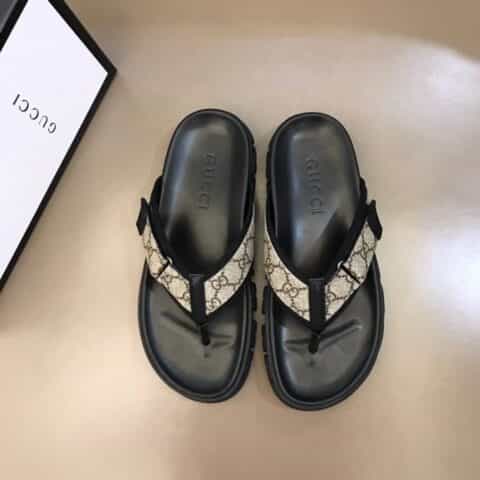 GUCCI古驰 进口头层牛皮拼接品牌织带G家高端男士拖鞋