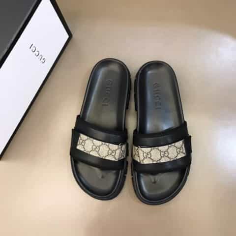GUCCI古驰 进口头层牛皮拼接品牌织带G家高端男士拖鞋
