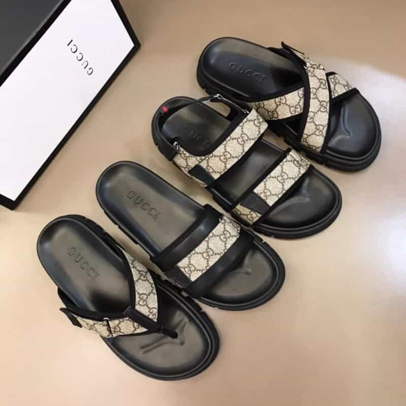 GUCCI古驰 进口头层牛皮拼接品牌织带G家高端男士拖鞋