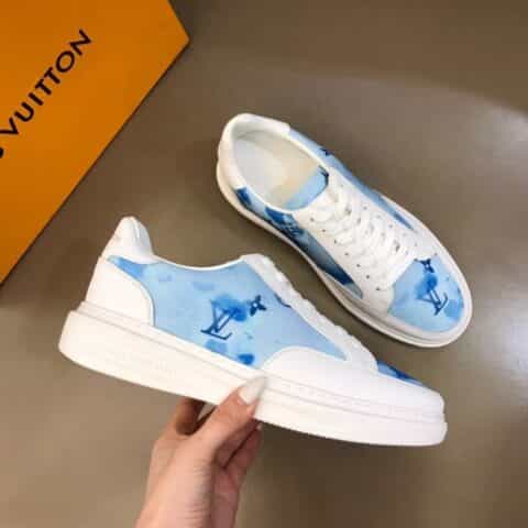 LV/路易威登 黑色头层牛皮拼接印花帆布鞋面新品男士高端休闲运动鞋