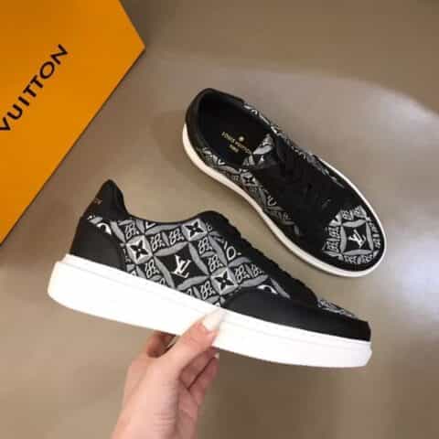 LV/路易威登 黑色头层牛皮拼接印花帆布鞋面新品男士高端休闲运动鞋