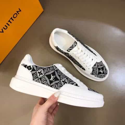 LV/路易威登 黑色头层牛皮拼接印花帆布鞋面新品男士高端休闲运动鞋