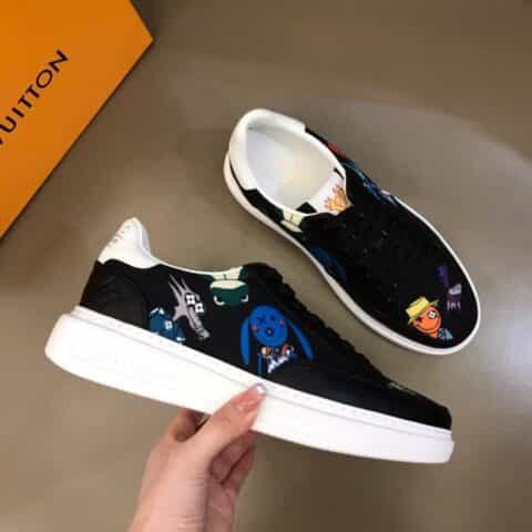 LV/路易威登 黑色头层牛皮拼接印花帆布鞋面新品男士高端休闲运动鞋