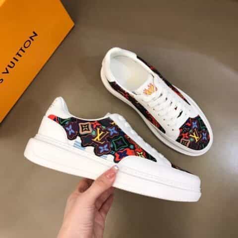 LV/路易威登 黑色头层牛皮拼接印花帆布鞋面新品男士高端休闲运动鞋