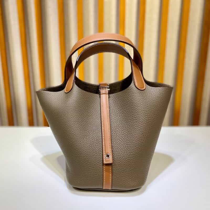 Hermès Picotin 18cm clemence皮 菜篮子 大象灰拼手挽金棕/银扣