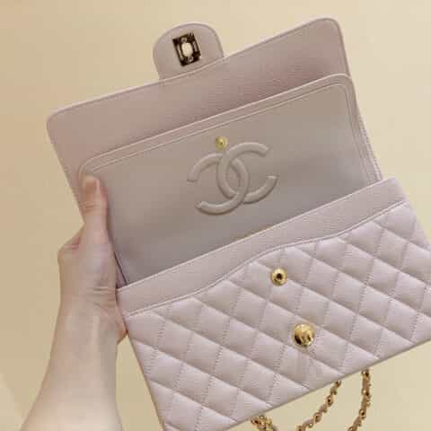 Chanel香奈儿 CF25 Classic flap bag A01112粉色牛皮金扣