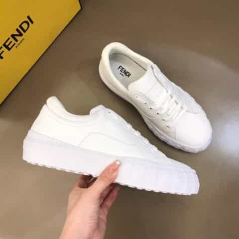 FENDI芬迪 白色/黑色皮革以及棕色和烟叶黄FF提花布料系带运动鞋