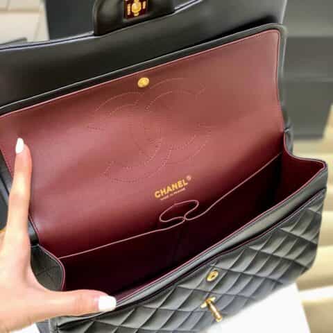 Chanel CF30CM羊皮Classic flap bag A58600黑色金扣