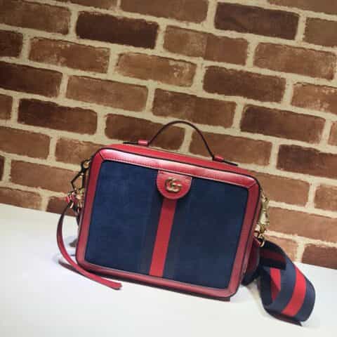 GUCCI古驰蓝色磨砂皮红色皮革边肩背包550622