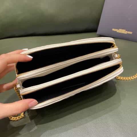 Saint laurent Ysl Becky菱形绗缝双拉链手拿包 608941白色羊皮