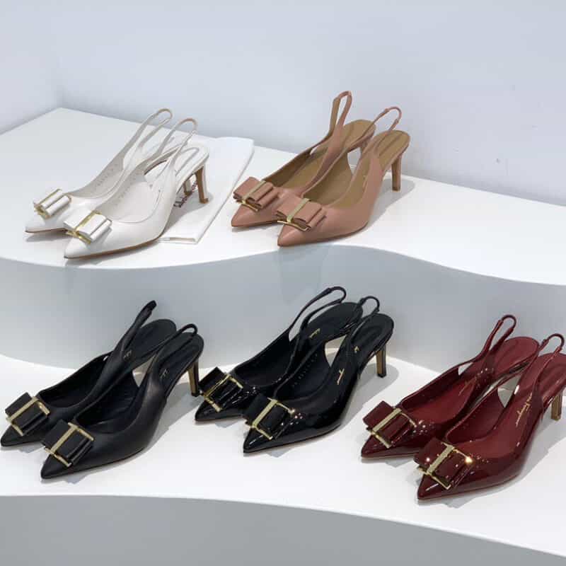 SF salvatore Ferraga*o 菲拉*慕最新款尖头叠层蝴蝶结中跟细跟后空凉鞋