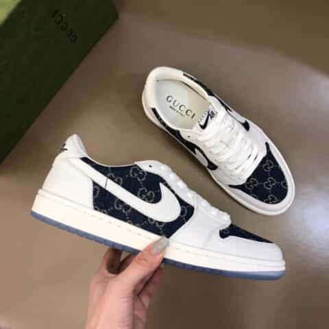 Nike & Gu～r  小牛皮拼牛仔帆布制成联名系带低帮休闲运动鞋