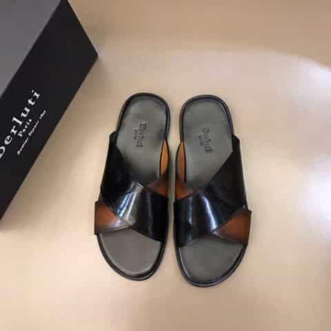 Berluti伯鲁提 进口头层牛皮高端真皮大底夏季男士拖鞋
