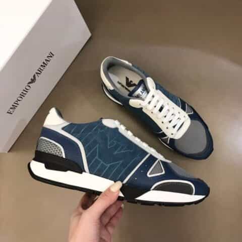 Armani 阿玛尼 撞色牛皮拼接透气帆布面奢潮运动鞋