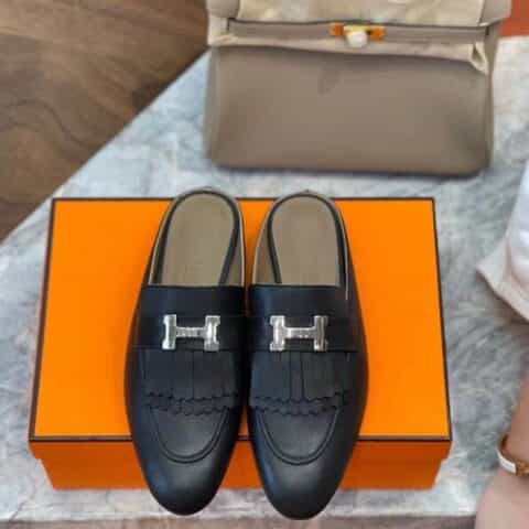 HERMES-爱马仕 法国羊京皮私人定制H家皮纹经典H扣半拖