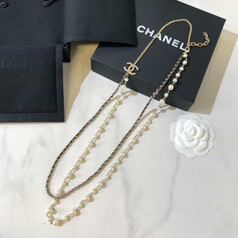 2021新款CHANEL香奈儿双c珍珠双层黑皮绳项链