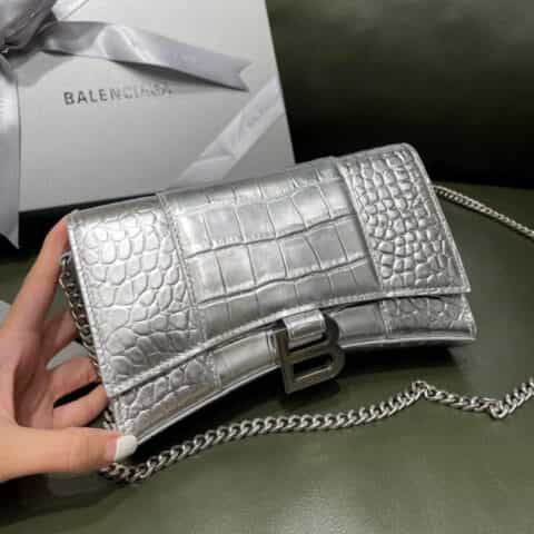 Balenciaga Hourglass 19.5 链条款沙漏包 656050鳄鱼纹银色银扣