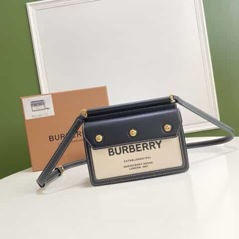 Burberry巴宝莉双色帆布拼缉明线皮革帆布包