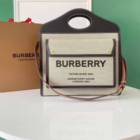 Burberry巴宝莉牛皮配帆布托特包