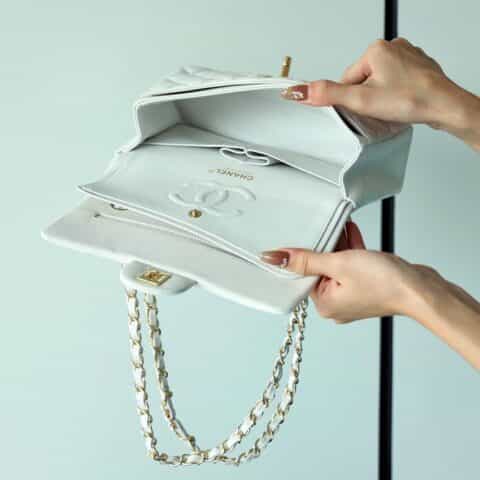 Chanel CF23 Classic flap bag A01113白色球纹牛皮金扣